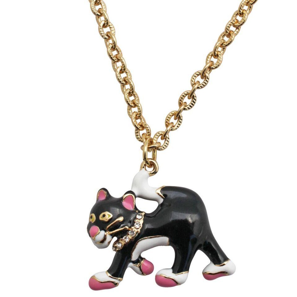 Tuxedo Black & White Alley Cat Brooch Pin Pendant Necklace (Goldtone)